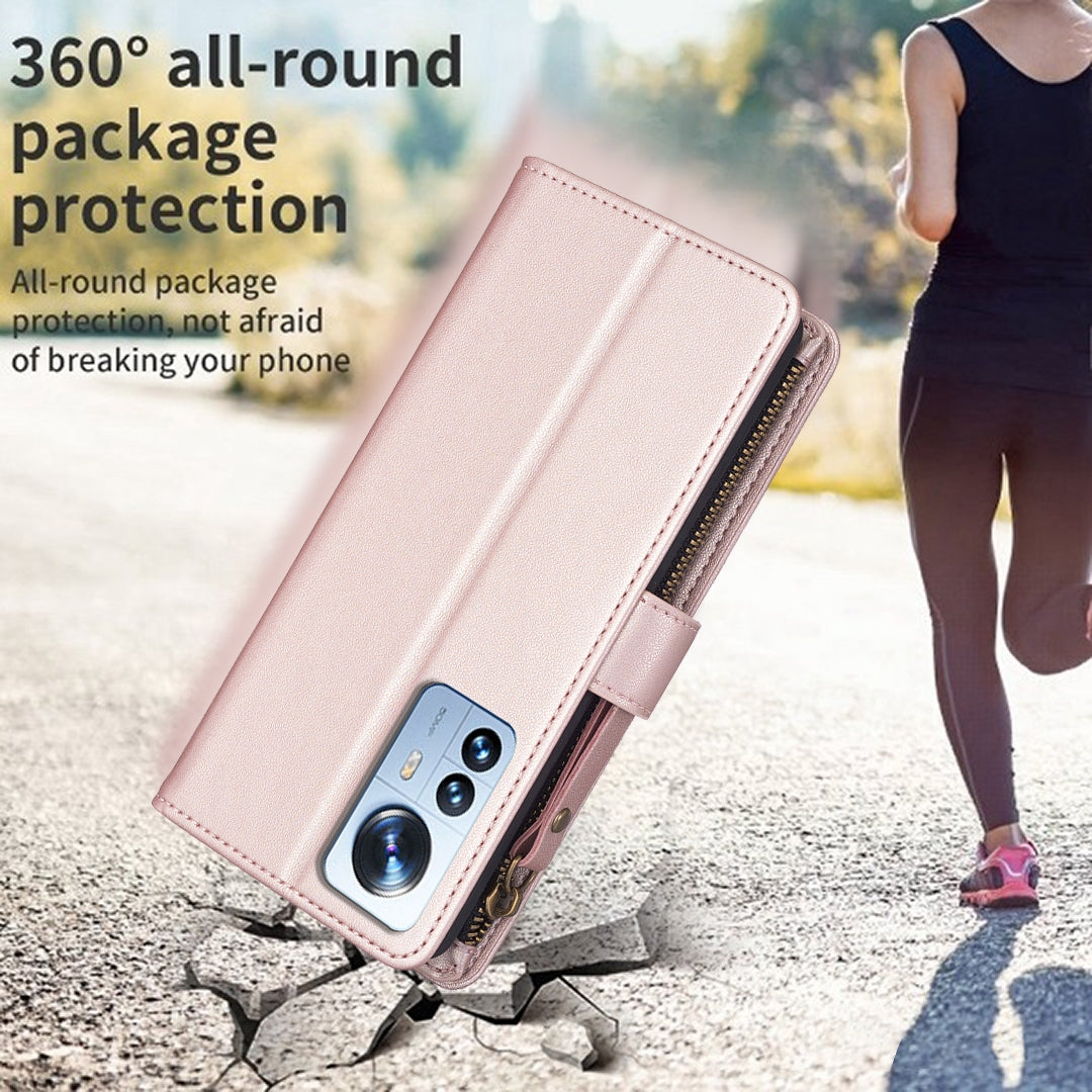 Xiaomi 12 Pro Leather Flip Wallet Phone Case with 9 Card Slots, Zipper Compartment, and Adjustable Stand