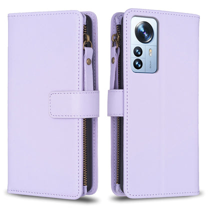 Xiaomi 12 Pro Leather Flip Wallet Phone Case with 9 Card Slots, Zipper Compartment, and Adjustable Stand