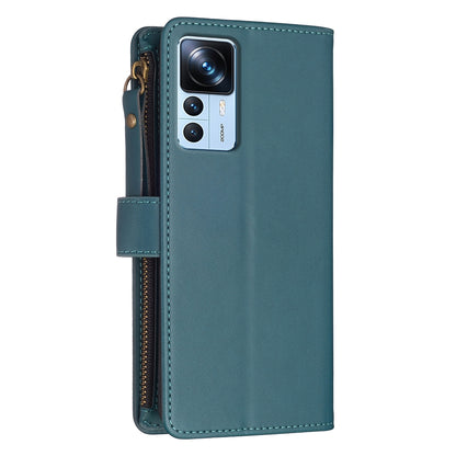 Xiaomi 12T Leather Flip Wallet Phone Case with 9 Card Slots, Zipper Compartment, and Adjustable Stand