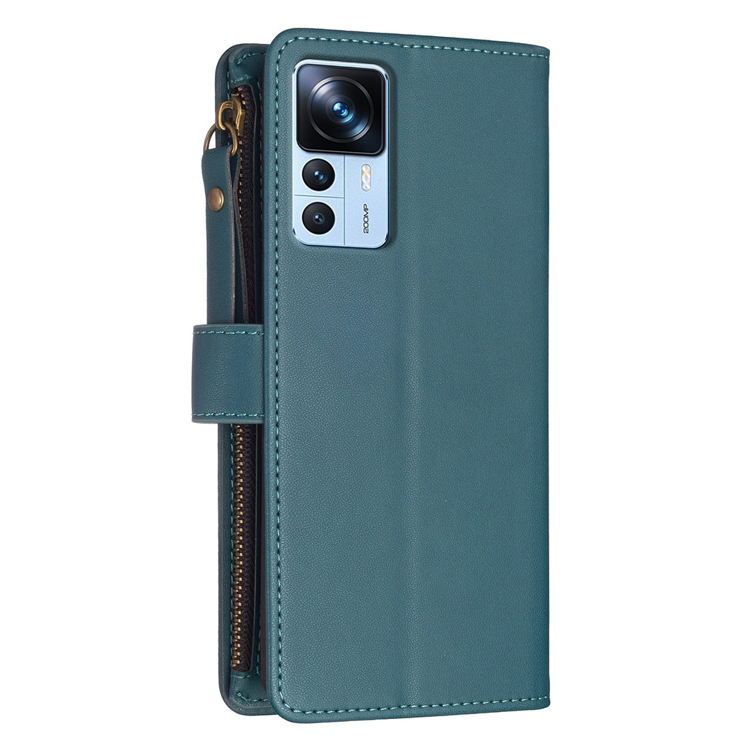 Xiaomi 12T Pro Leather Flip Wallet Phone Case with 9 Card Slots, Zipper Compartment, and Adjustable Stand