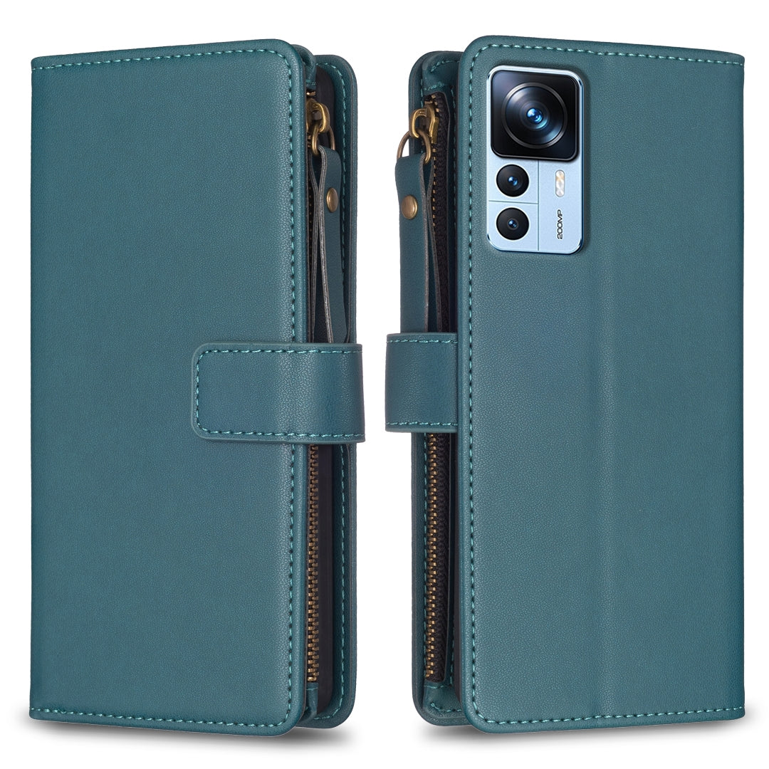 Xiaomi 12T Pro Leather Flip Wallet Phone Case with 9 Card Slots, Zipper Compartment, and Adjustable Stand