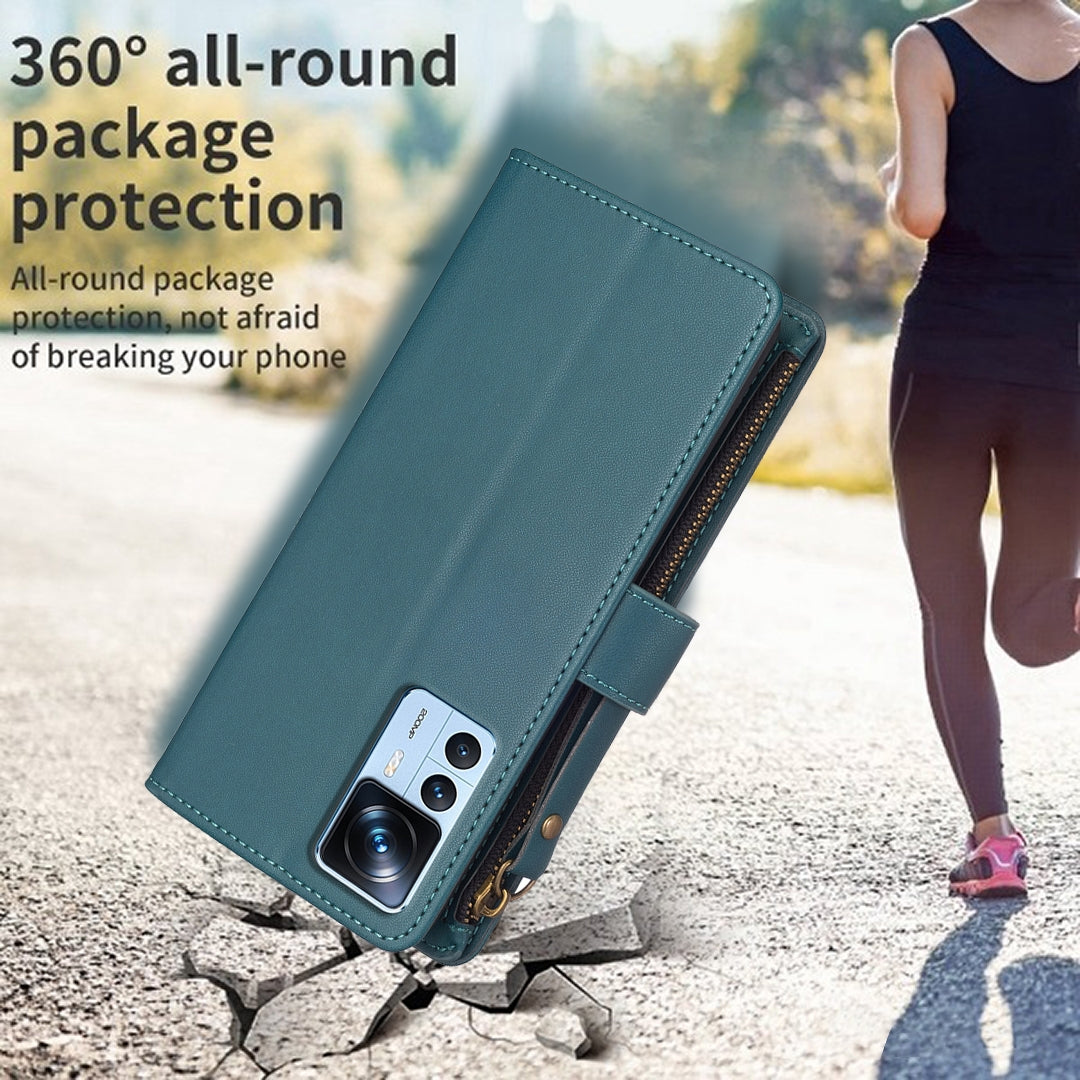 Xiaomi 12T Pro Leather Flip Wallet Phone Case with 9 Card Slots, Zipper Compartment, and Adjustable Stand