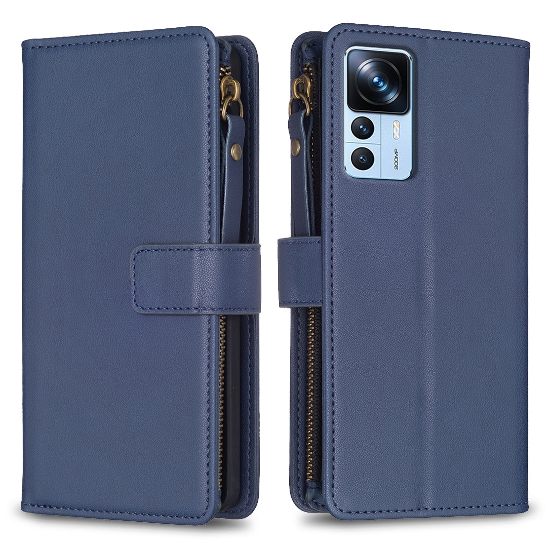 Xiaomi 12T Leather Flip Wallet Phone Case with 9 Card Slots, Zipper Compartment, and Adjustable Stand
