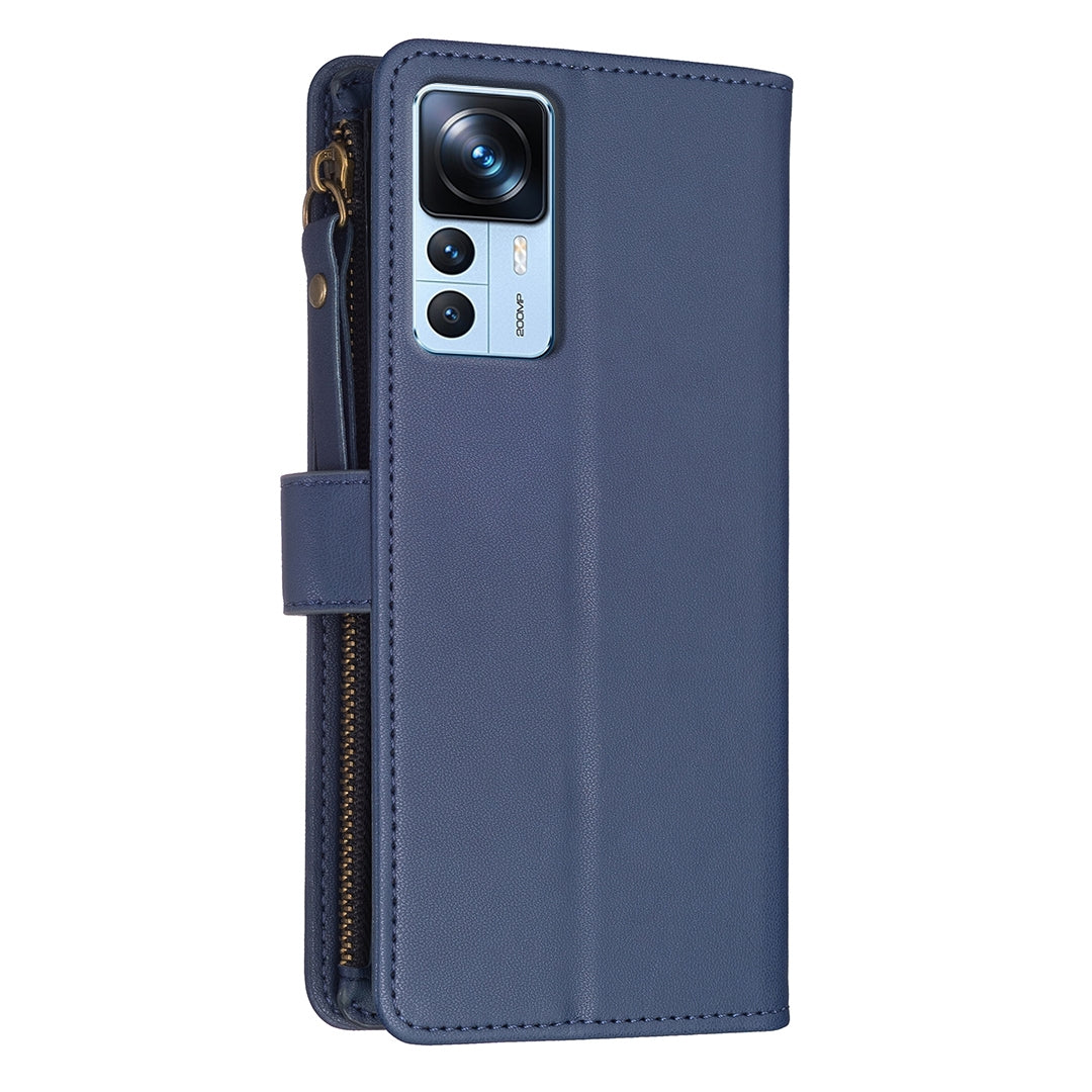 Xiaomi 12T Pro Leather Flip Wallet Phone Case with 9 Card Slots, Zipper Compartment, and Adjustable Stand