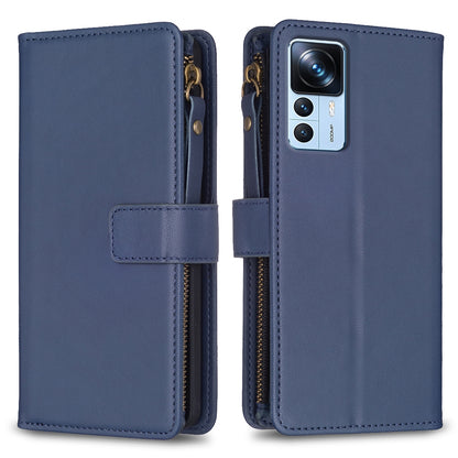 Xiaomi 12T Pro Leather Flip Wallet Phone Case with 9 Card Slots, Zipper Compartment, and Adjustable Stand