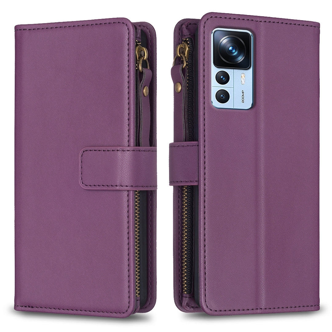 Xiaomi 12T Leather Flip Wallet Phone Case with 9 Card Slots, Zipper Compartment, and Adjustable Stand