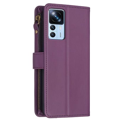 Xiaomi 12T Pro Leather Flip Wallet Phone Case with 9 Card Slots, Zipper Compartment, and Adjustable Stand