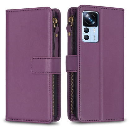 Xiaomi 12T Pro Leather Flip Wallet Phone Case with 9 Card Slots, Zipper Compartment, and Adjustable Stand