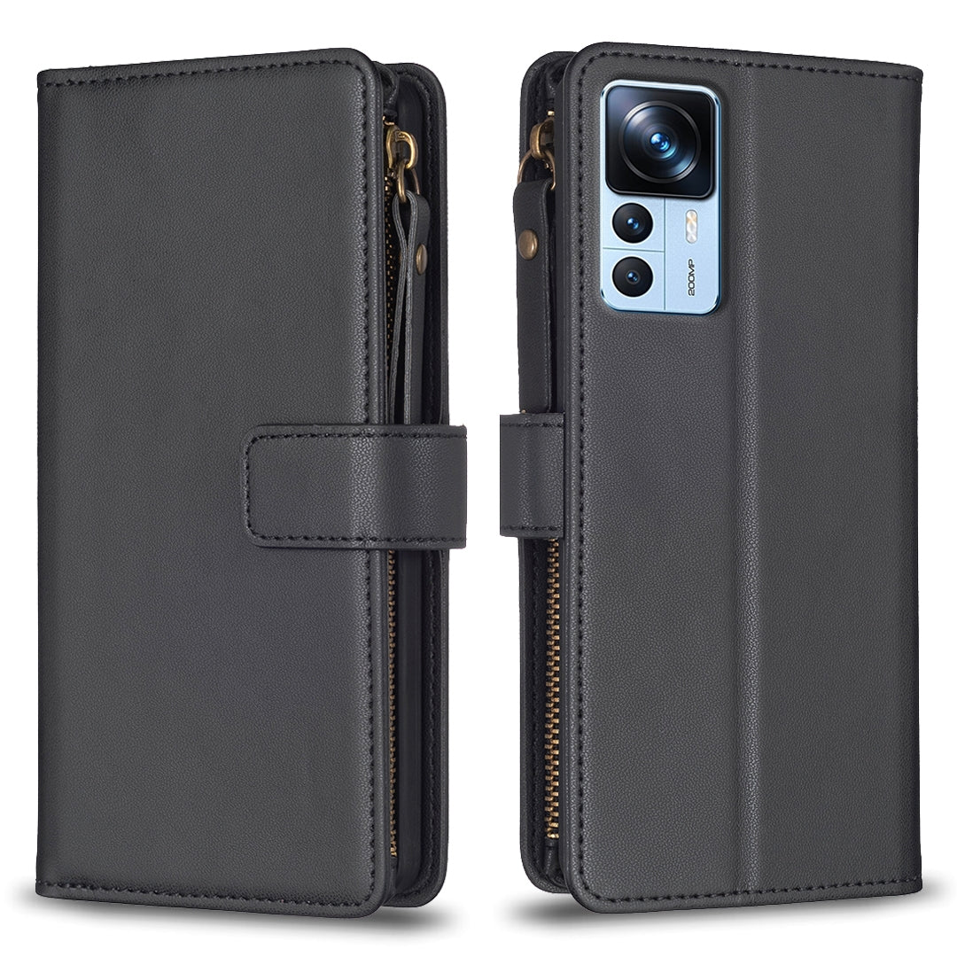 Xiaomi 12T Pro Leather Flip Wallet Phone Case with 9 Card Slots, Zipper Compartment, and Adjustable Stand
