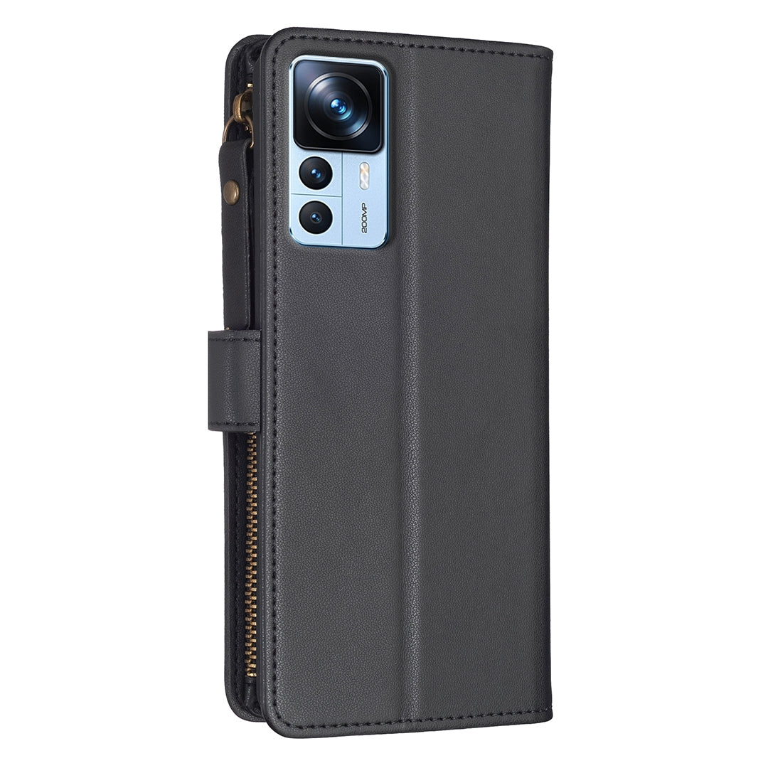 Xiaomi 12T Pro Leather Flip Wallet Phone Case with 9 Card Slots, Zipper Compartment, and Adjustable Stand