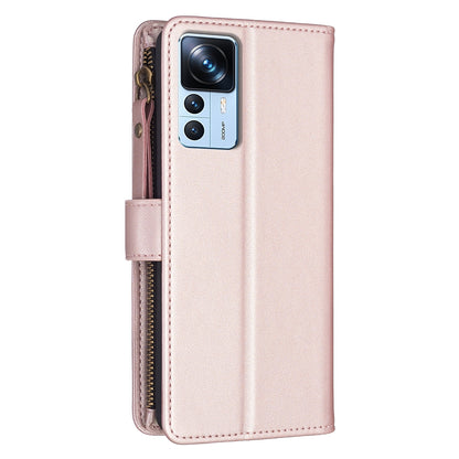Xiaomi 12T Pro Leather Flip Wallet Phone Case with 9 Card Slots, Zipper Compartment, and Adjustable Stand