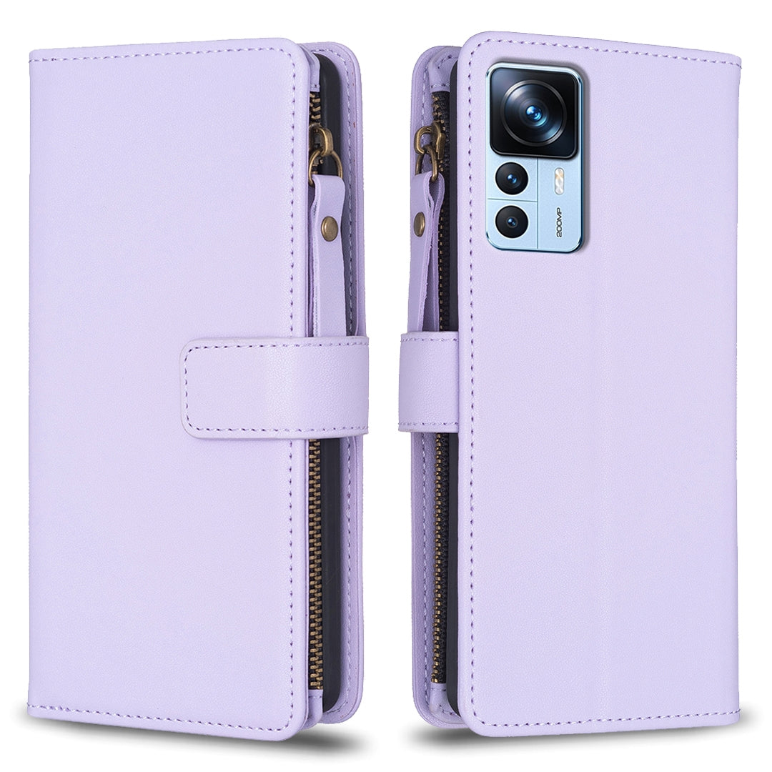 Xiaomi 12T Leather Flip Wallet Phone Case with 9 Card Slots, Zipper Compartment, and Adjustable Stand