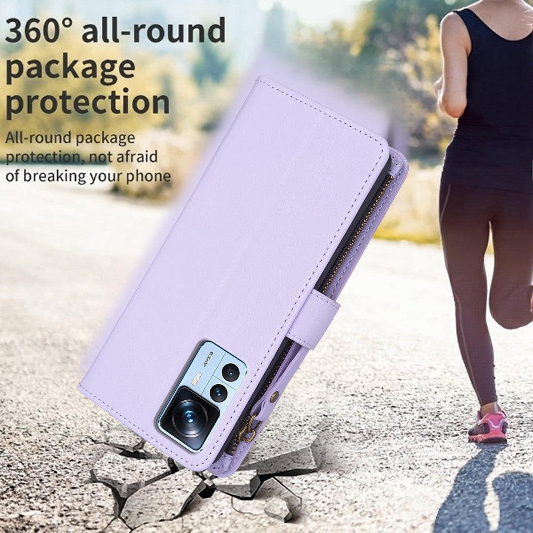 Xiaomi 12T Pro Leather Flip Wallet Phone Case with 9 Card Slots, Zipper Compartment, and Adjustable Stand