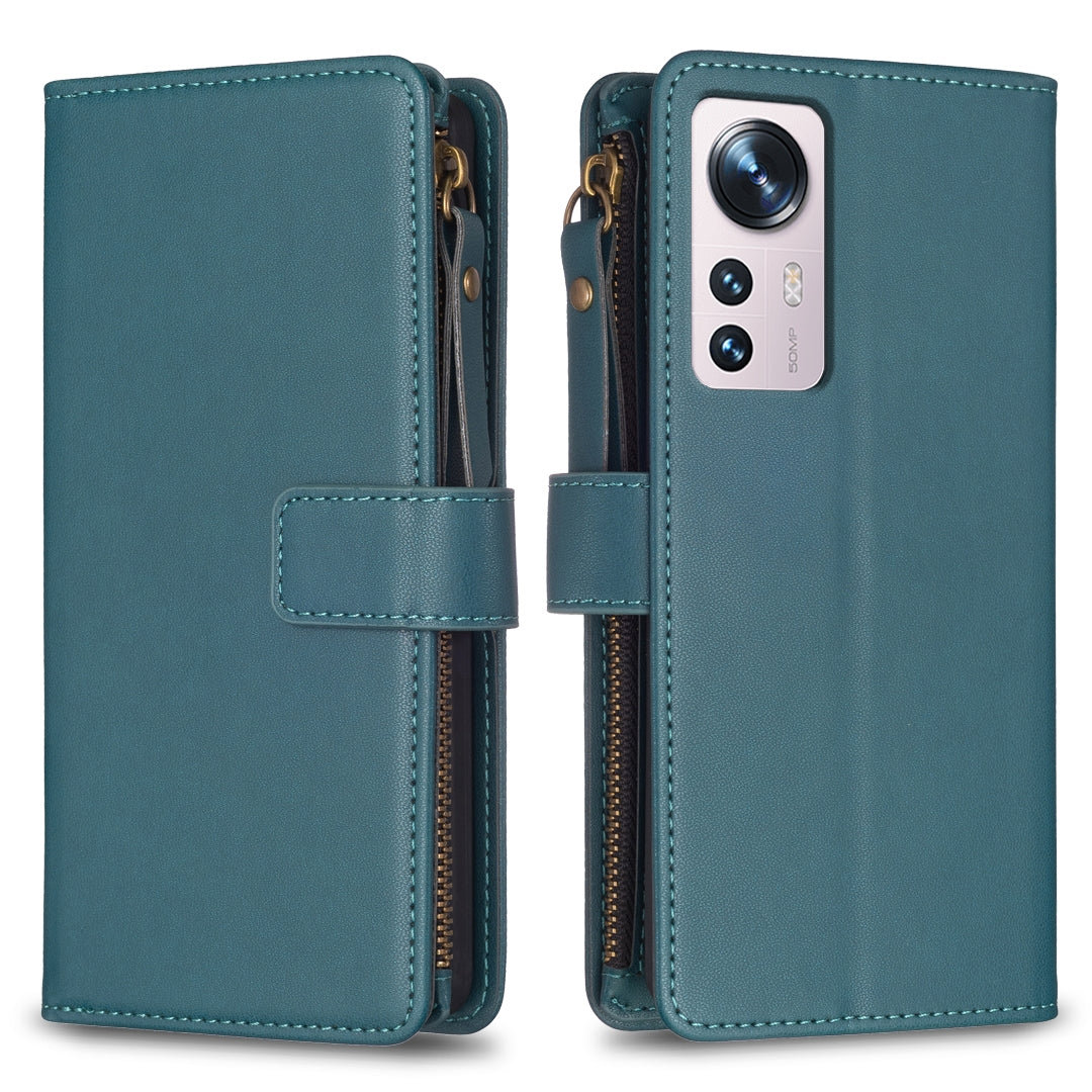 Xiaomi 12 Leather Flip Wallet Phone Case with 9 Card Slots, Zipper Compartment, and Adjustable Stand