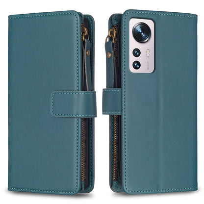 Xiaomi 12 Leather Flip Wallet Phone Case with 9 Card Slots, Zipper Compartment, and Adjustable Stand