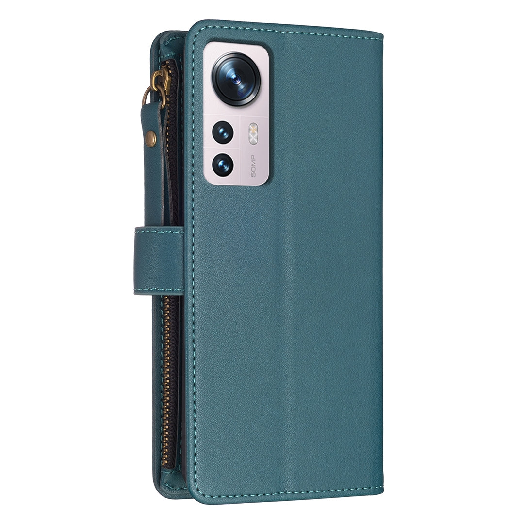 Xiaomi 12 Leather Flip Wallet Phone Case with 9 Card Slots, Zipper Compartment, and Adjustable Stand
