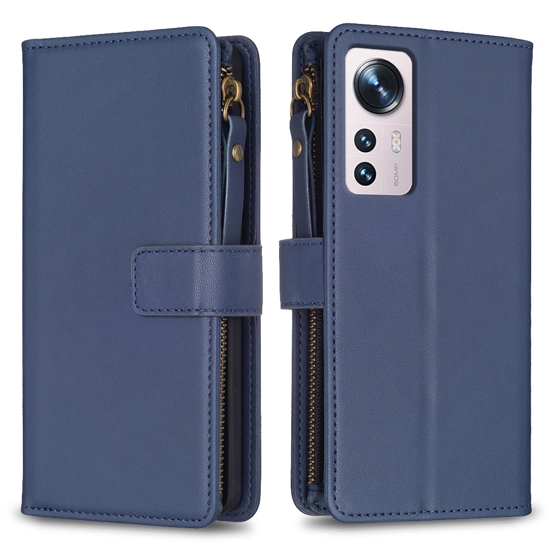Xiaomi 12 Leather Flip Wallet Phone Case with 9 Card Slots, Zipper Compartment, and Adjustable Stand