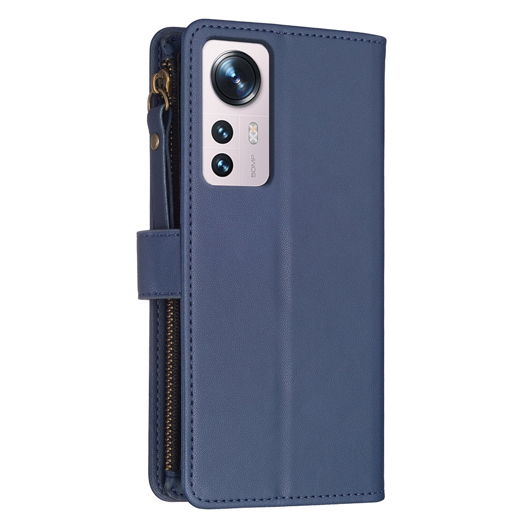 Xiaomi 12 Leather Flip Wallet Phone Case with 9 Card Slots, Zipper Compartment, and Adjustable Stand