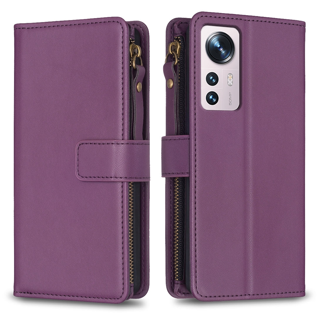Xiaomi 12 Leather Flip Wallet Phone Case with 9 Card Slots, Zipper Compartment, and Adjustable Stand