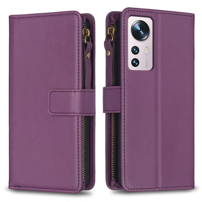 Xiaomi 12 Leather Flip Wallet Phone Case with 9 Card Slots, Zipper Compartment, and Adjustable Stand