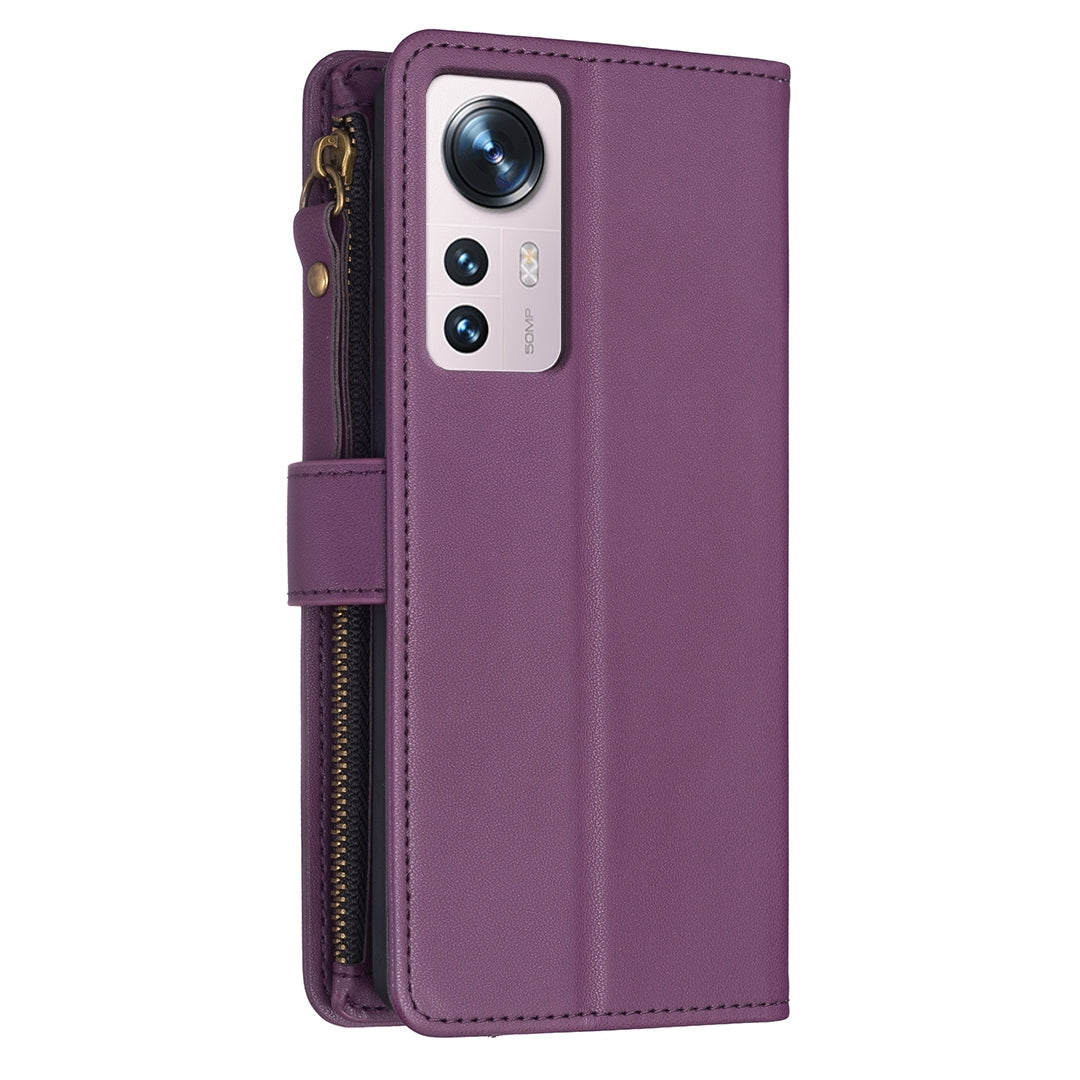 Xiaomi 12 Leather Flip Wallet Phone Case with 9 Card Slots, Zipper Compartment, and Adjustable Stand
