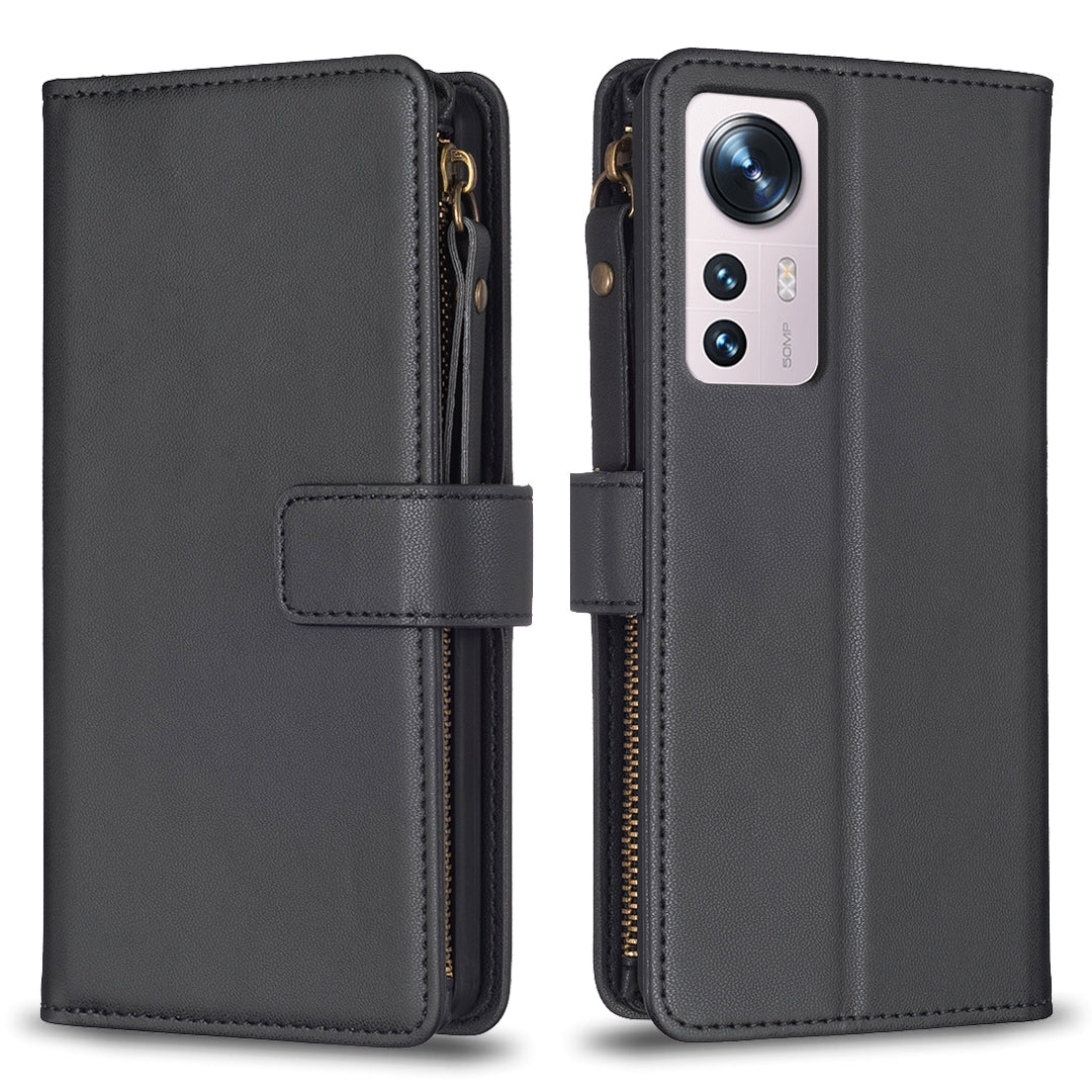 Xiaomi 12 Leather Flip Wallet Phone Case with 9 Card Slots, Zipper Compartment, and Adjustable Stand