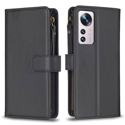Xiaomi 12 Leather Flip Wallet Phone Case with 9 Card Slots, Zipper Compartment, and Adjustable Stand