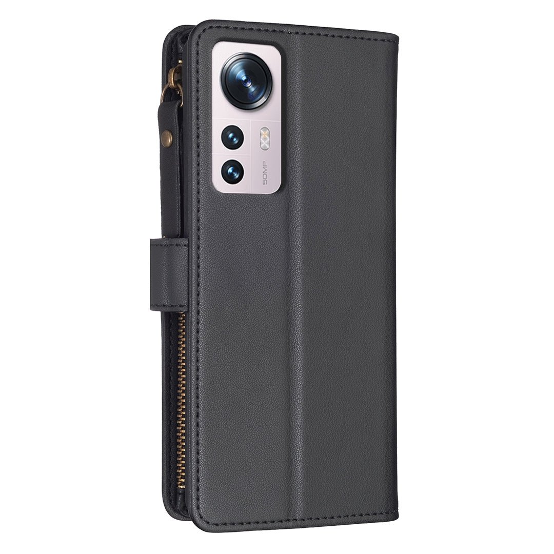 Xiaomi 12 Leather Flip Wallet Phone Case with 9 Card Slots, Zipper Compartment, and Adjustable Stand