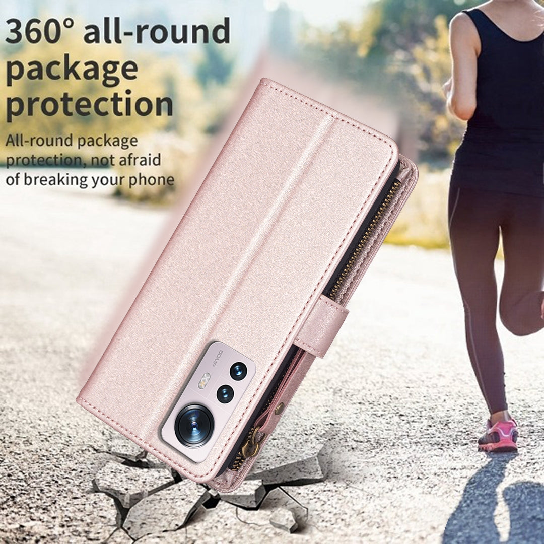 Xiaomi 12 Leather Flip Wallet Phone Case with 9 Card Slots, Zipper Compartment, and Adjustable Stand