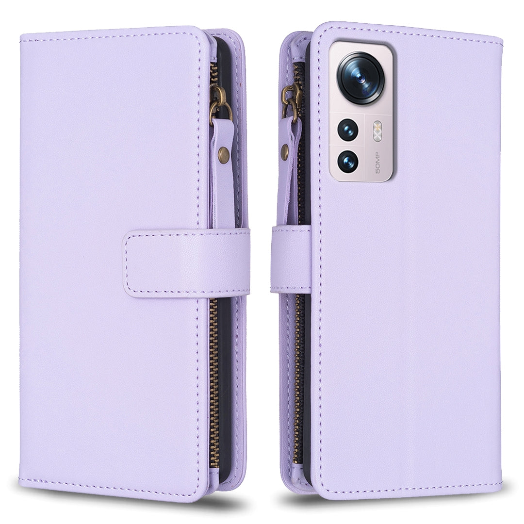 Xiaomi 12 Leather Flip Wallet Phone Case with 9 Card Slots, Zipper Compartment, and Adjustable Stand