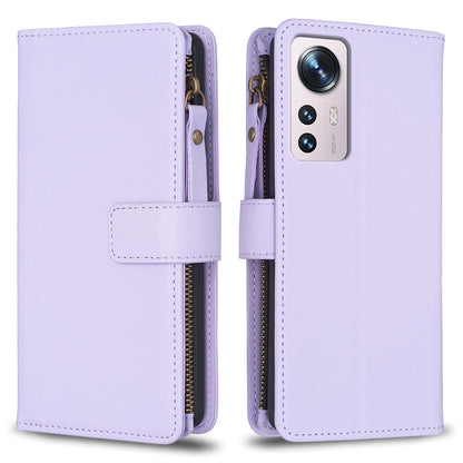 Xiaomi 12 Leather Flip Wallet Phone Case with 9 Card Slots, Zipper Compartment, and Adjustable Stand