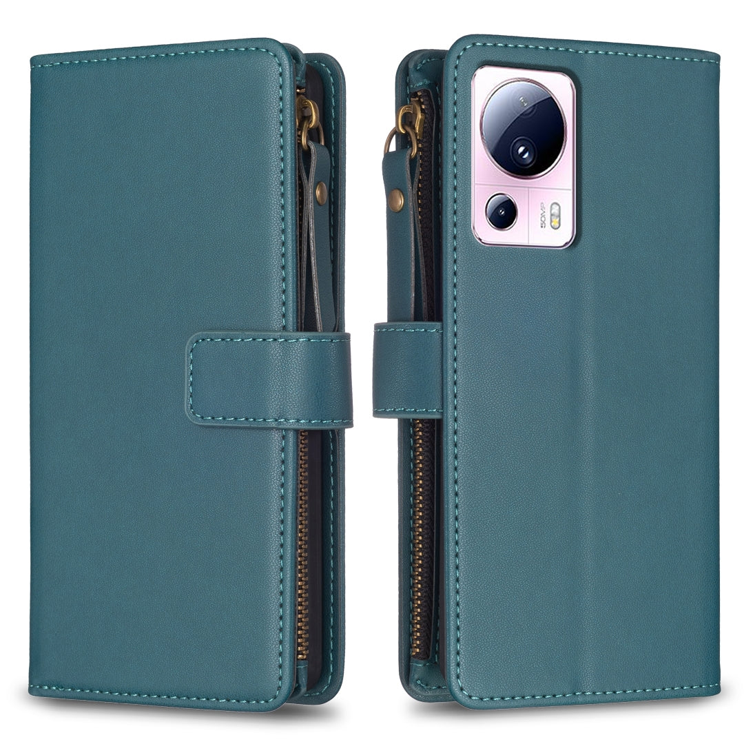 Xiaomi 13 Lite Leather Flip Wallet Phone Case with 9 Card Slots, Zipper Compartment, and Adjustable Stand