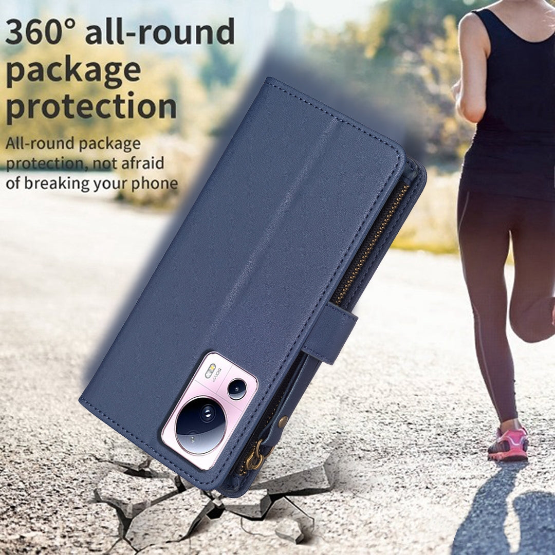 Xiaomi 13 Lite Leather Flip Wallet Phone Case with 9 Card Slots, Zipper Compartment, and Adjustable Stand