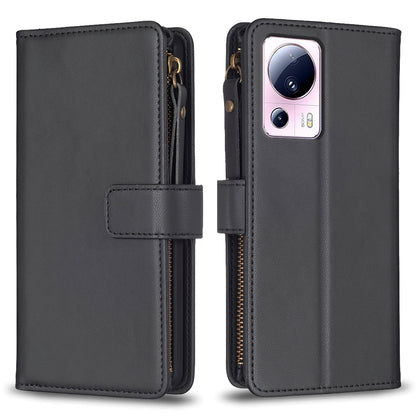 Xiaomi 13 Lite Leather Flip Wallet Phone Case with 9 Card Slots, Zipper Compartment, and Adjustable Stand