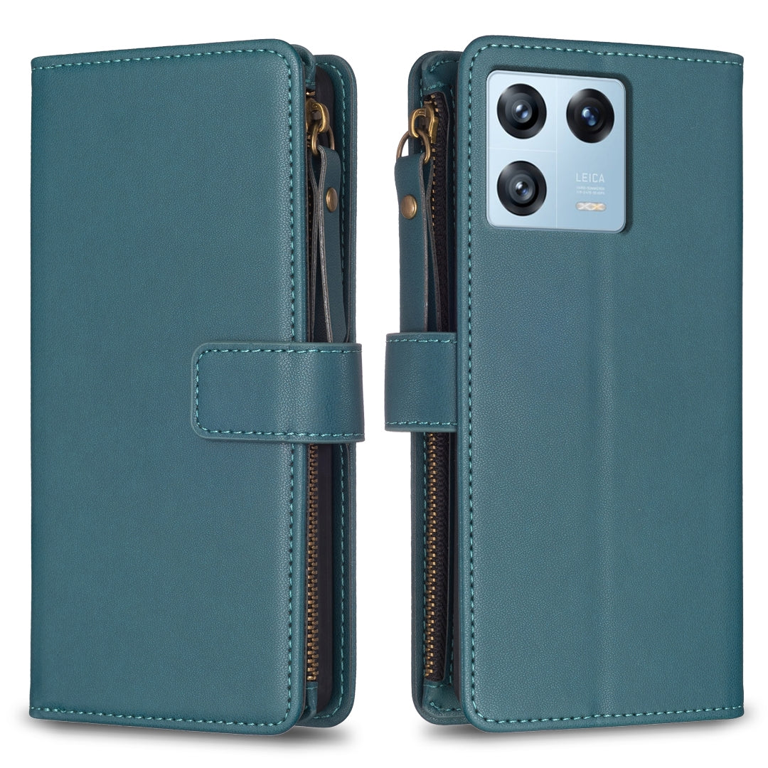 Xiaomi 13 Pro Leather Flip Wallet Phone Case with 9 Card Slots, Zipper Compartment, and Adjustable Stand
