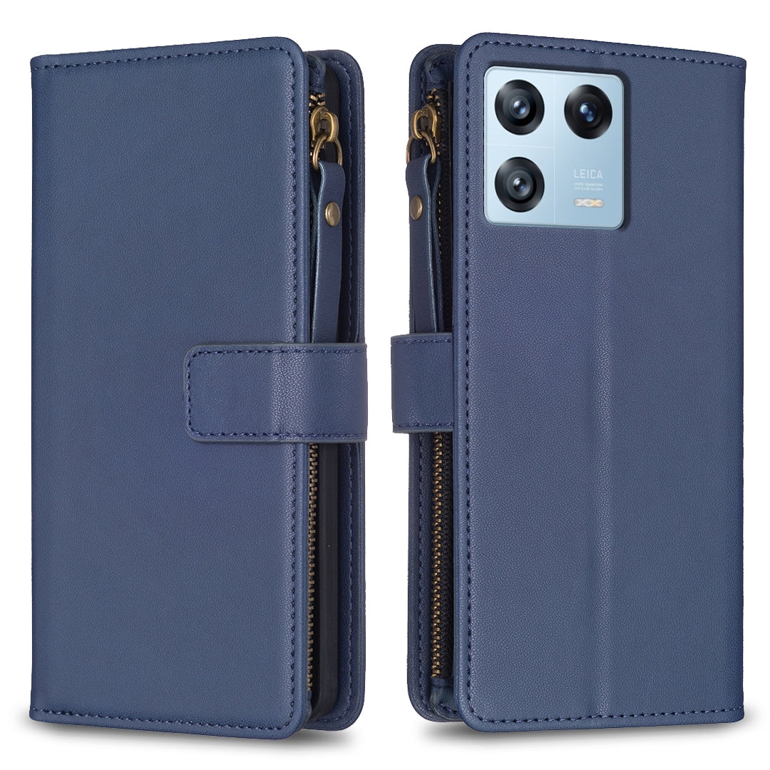 Xiaomi 13 Pro Leather Flip Wallet Phone Case with 9 Card Slots, Zipper Compartment, and Adjustable Stand