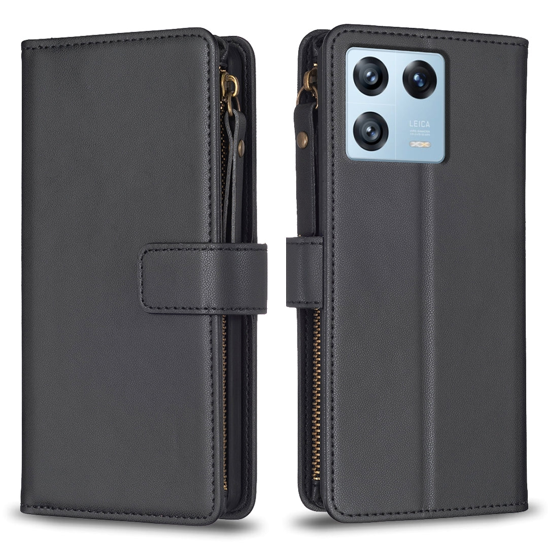 Xiaomi 13 Pro Leather Flip Wallet Phone Case with 9 Card Slots, Zipper Compartment, and Adjustable Stand