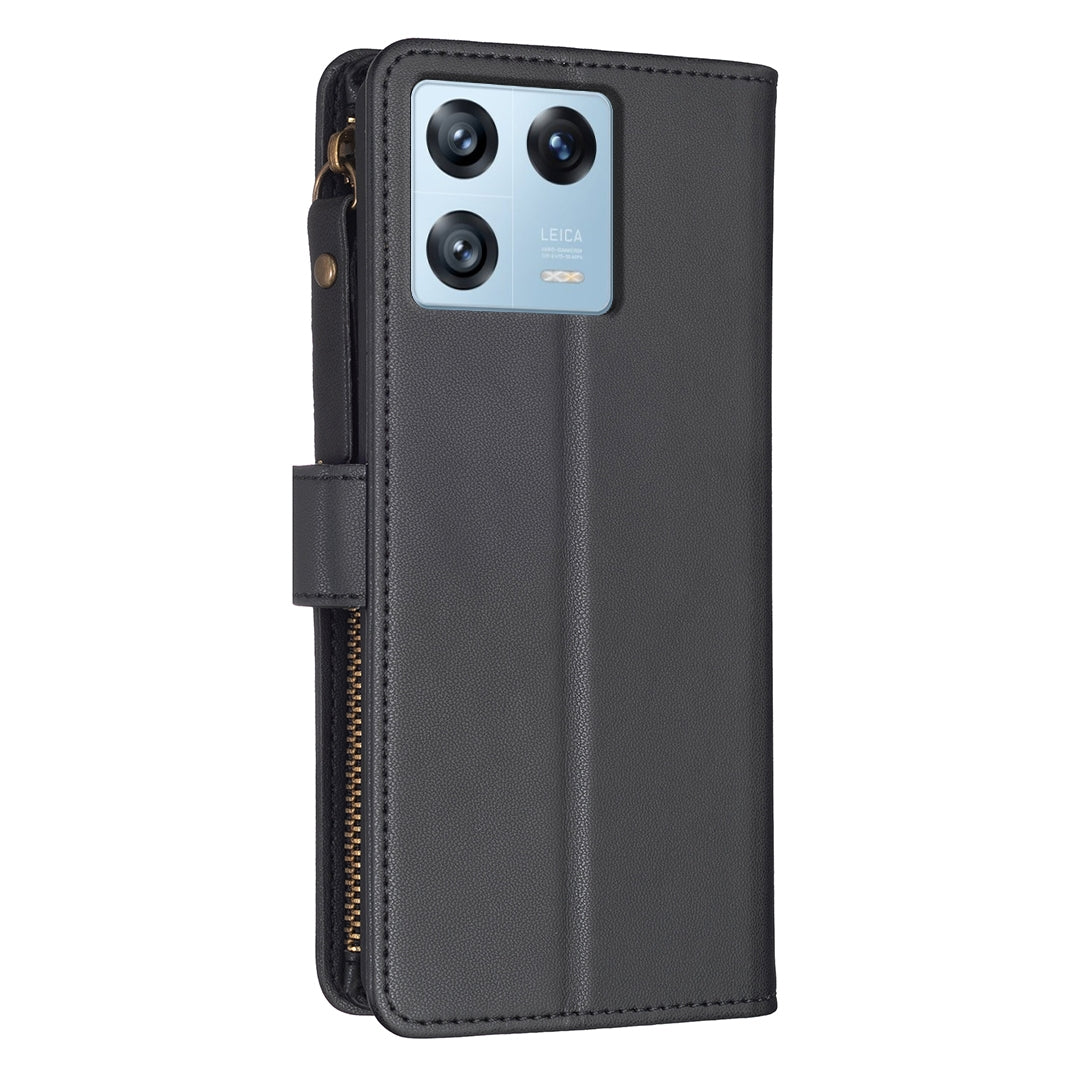 Xiaomi 13 Pro Leather Flip Wallet Phone Case with 9 Card Slots, Zipper Compartment, and Adjustable Stand