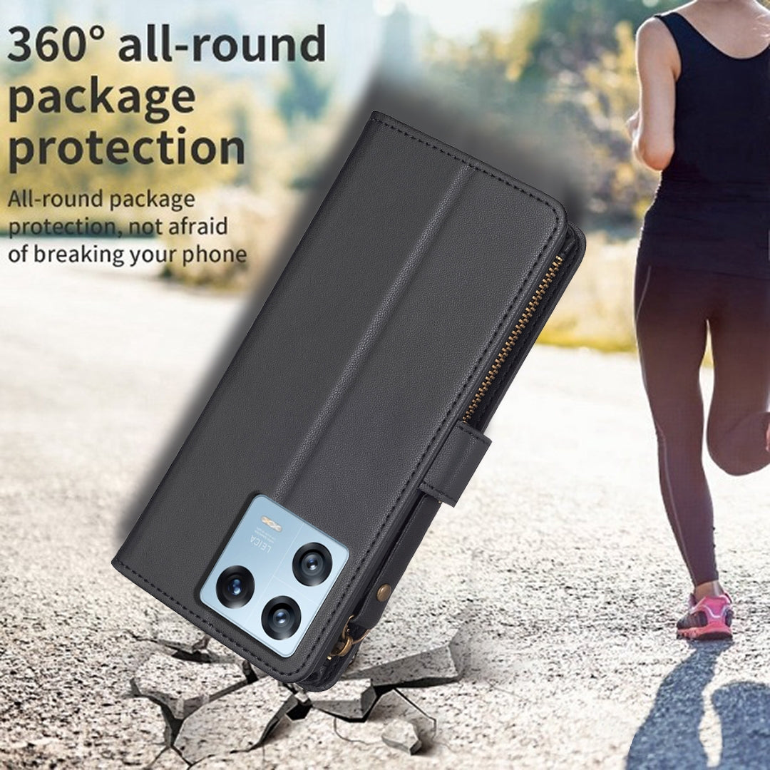 Xiaomi 13 Pro Leather Flip Wallet Phone Case with 9 Card Slots, Zipper Compartment, and Adjustable Stand