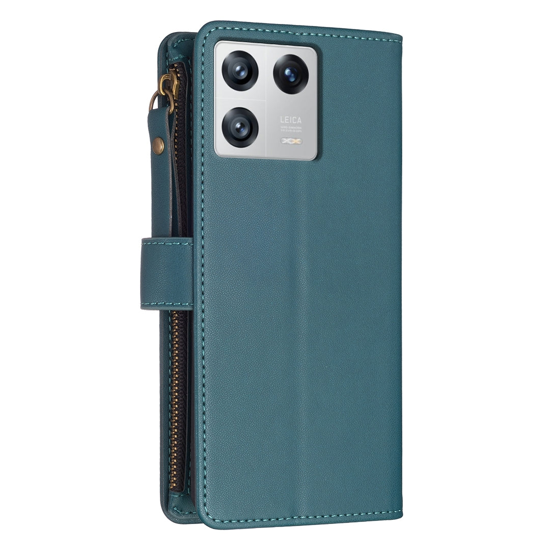 Xiaomi 13 Leather Flip Wallet Phone Case with 9 Card Slots, Zipper Compartment, and Adjustable Stand