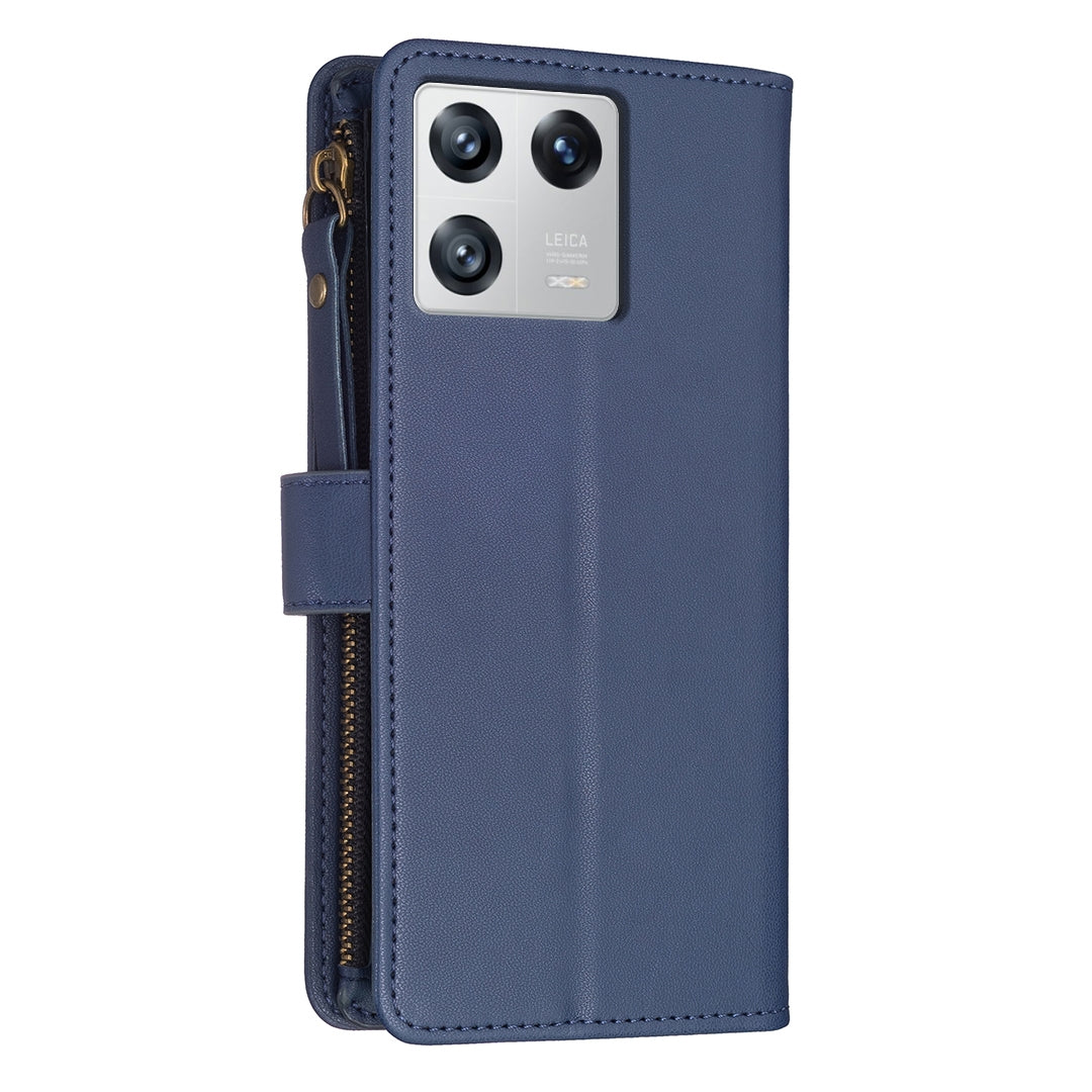 Xiaomi 13 Leather Flip Wallet Phone Case with 9 Card Slots, Zipper Compartment, and Adjustable Stand
