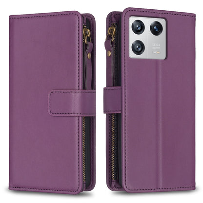 Xiaomi 13 Leather Flip Wallet Phone Case with 9 Card Slots, Zipper Compartment, and Adjustable Stand