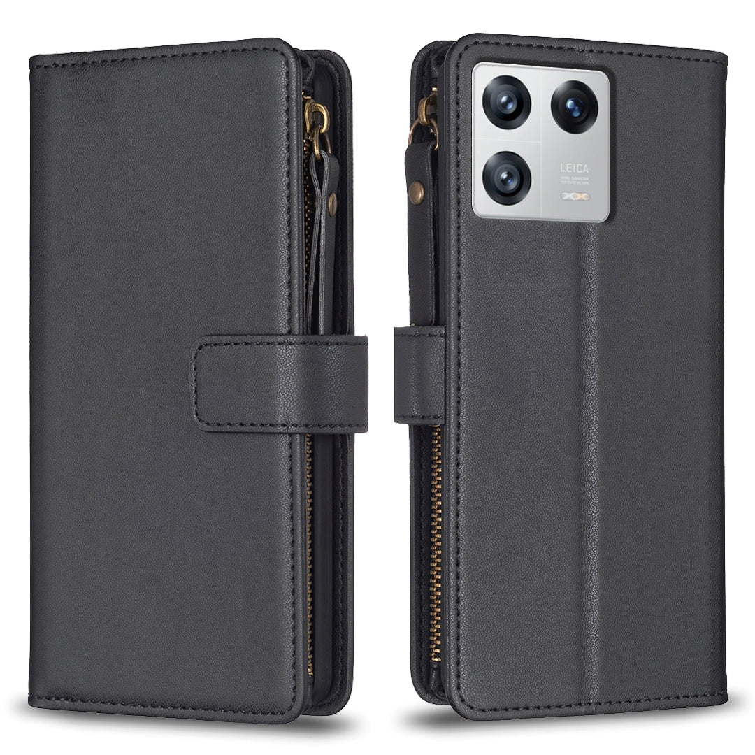 Xiaomi 13 Leather Flip Wallet Phone Case with 9 Card Slots, Zipper Compartment, and Adjustable Stand