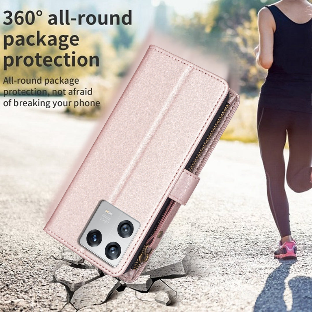 Xiaomi 13 Leather Flip Wallet Phone Case with 9 Card Slots, Zipper Compartment, and Adjustable Stand