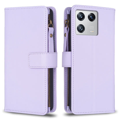 Xiaomi 13 Leather Flip Wallet Phone Case with 9 Card Slots, Zipper Compartment, and Adjustable Stand