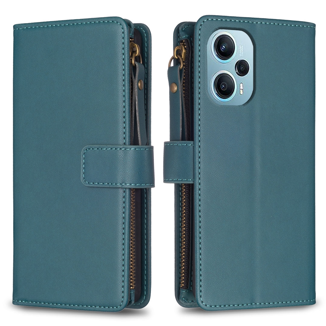 Xiaomi Poco F5 5G Leather Flip Wallet Phone Case with 9 Card Slots, Zipper Compartment, and Adjustable Stand