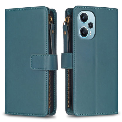 Xiaomi Poco F5 5G Leather Flip Wallet Phone Case with 9 Card Slots, Zipper Compartment, and Adjustable Stand