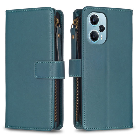 Xiaomi Poco F5 5G Leather Flip Wallet Phone Case with 9 Card Slots, Zipper Compartment, and Adjustable Stand