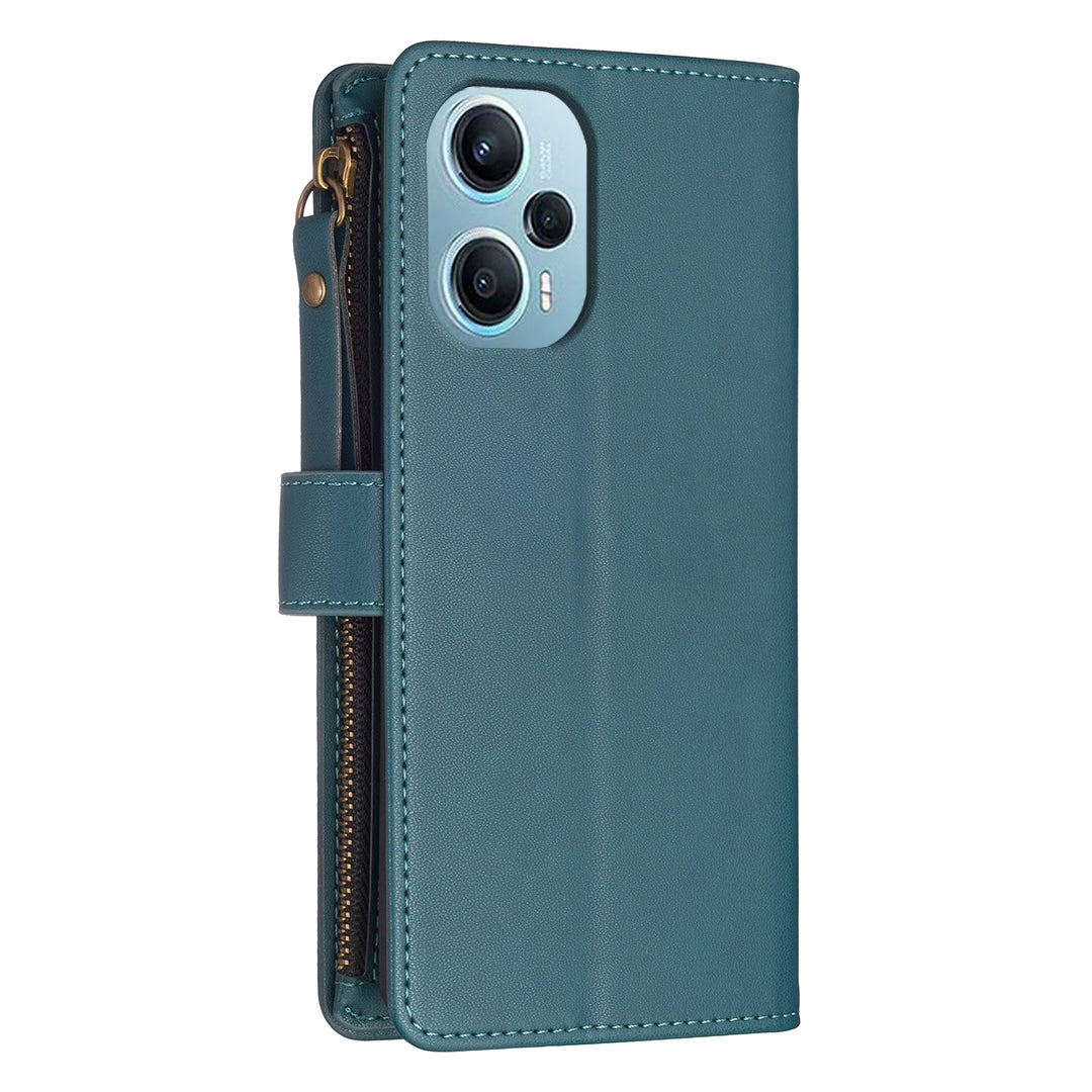 Xiaomi Poco F5 5G Leather Flip Wallet Phone Case with 9 Card Slots, Zipper Compartment, and Adjustable Stand