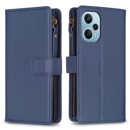 Xiaomi Poco F5 5G Leather Flip Wallet Phone Case with 9 Card Slots, Zipper Compartment, and Adjustable Stand